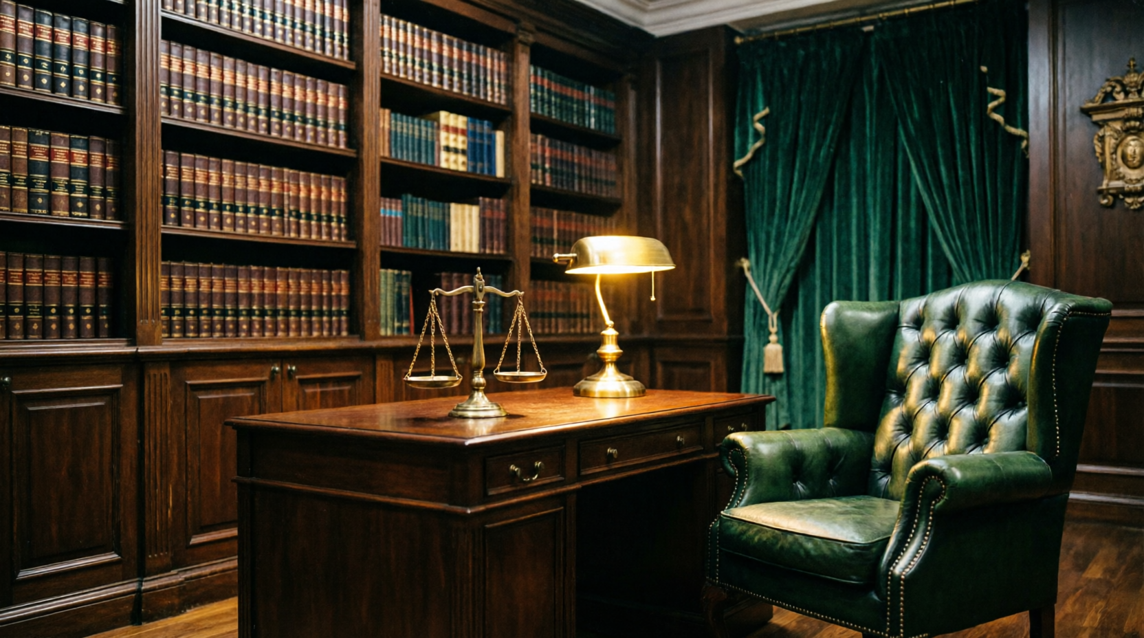 Biblioteca del estudio con balanza de justicia