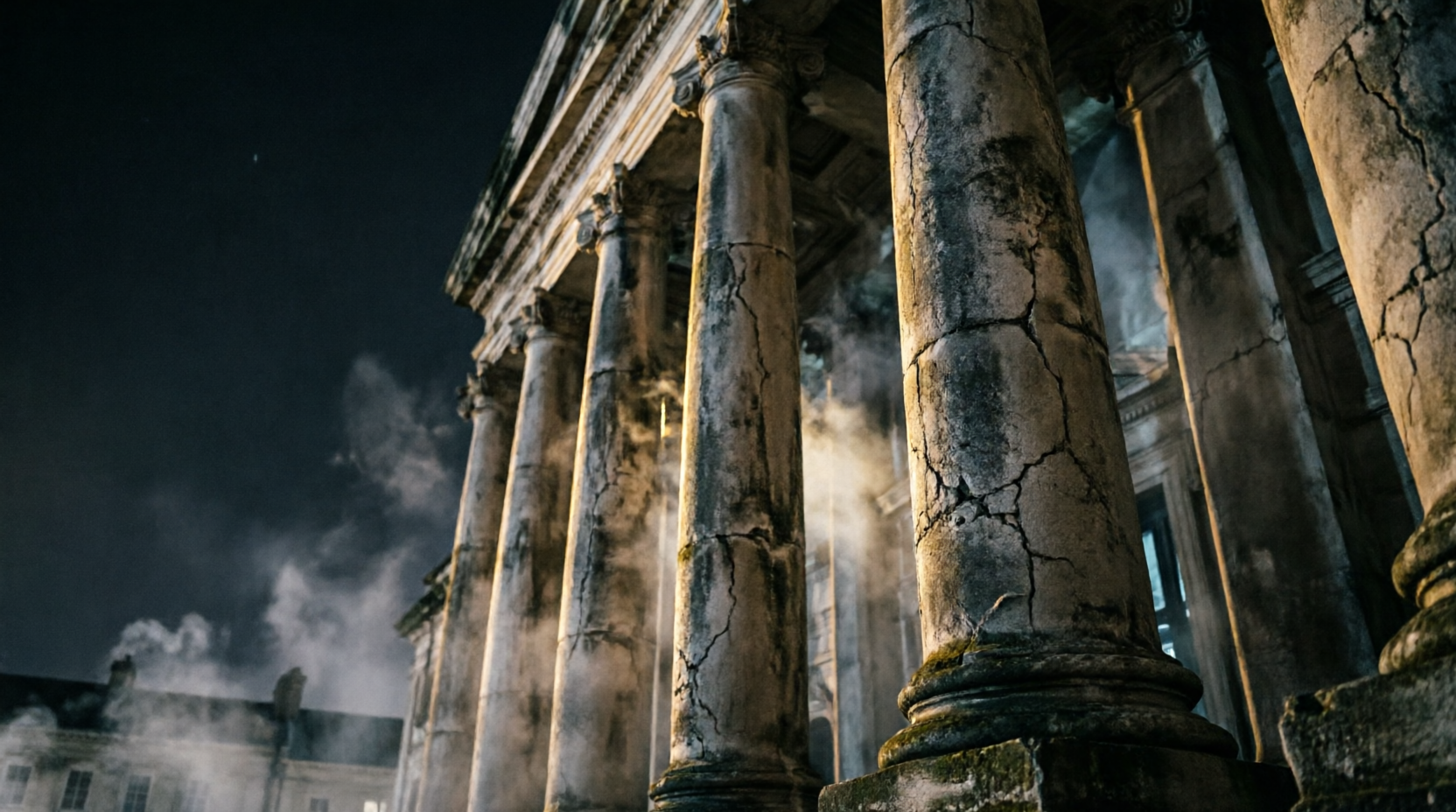 Columnas de un tribunal clásico iluminadas de noche