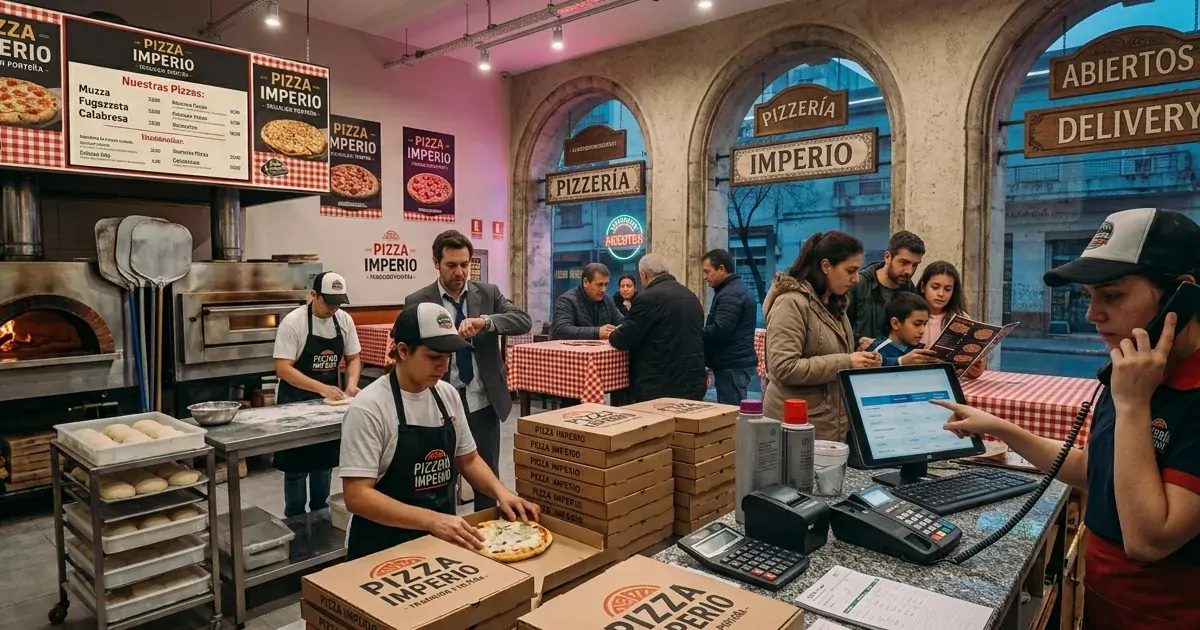 Empleada de una pizzería atendiendo el teléfono mientras varios clientes esperan su pedido
