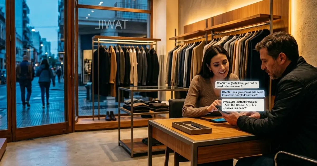 Pareja dueña de una tienda de ropa probando un chatbot en el celular para decidir si lo contratan
